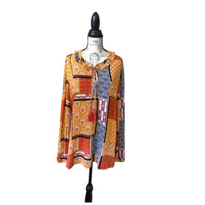 Multicolor Boho Printed Tunic Blouse Long Sleeve Patchwork Tasseled Top Size XXL